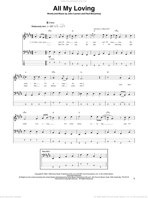 Beatles All My Loving Sheet Music For Bass Tablature Bass Guitar