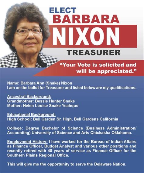 Elect Barbara Nixon Treasurer Candidate Flyer 2019 Delaware Nation