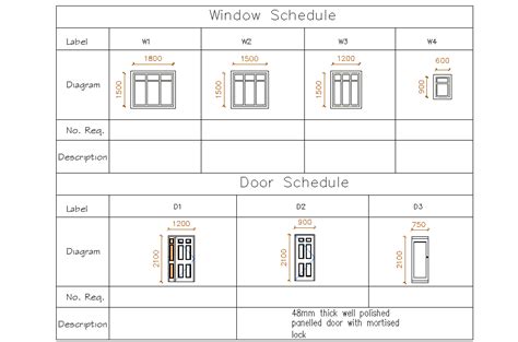 Door and window schedule table layout file - Cadbull