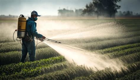 Agricultural Worker Spraying Pesticides On Young Wheat Field With