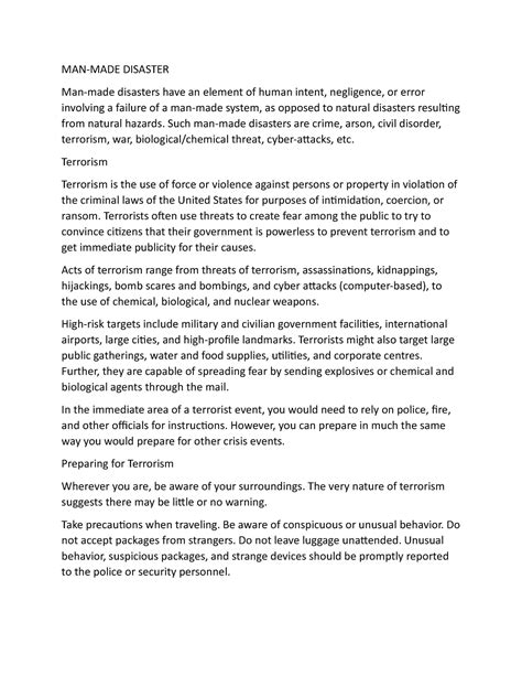 Man-made disaster - MAN-MADE DISASTER Man-made disasters have an element of human intent, - Studocu