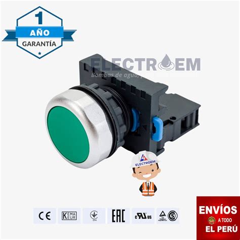 Pulsador Rasante PVC Verde Ø22Mm 1Na 1Nc NP8 11BN 3 Electroem Perú