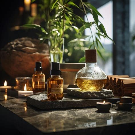 Una Botella De Perfume Se Sienta En Una Mesa Con Una Planta En El Fondo