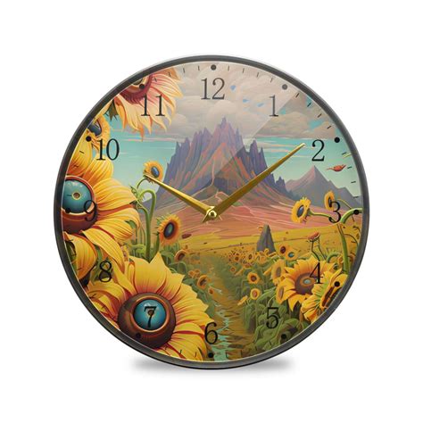 Sunflowers Mountains Acrylic Wall Clocks Quiet Round Clock Battery