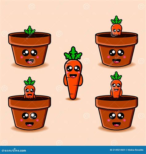 Set Cute Carrots And Pots Design Mascot Kawaii Stock Vector