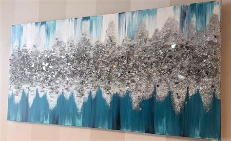 Teal Beauty Glitter and Glass Wall Art, Aqua Bling Sparkly Painting, Blue Green Crushed Glass ...