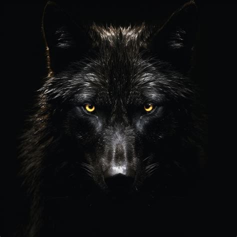 There is a black wolf with yellow eyes in the dark generative ai ...