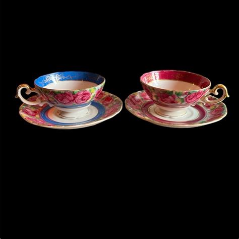 Fern Kitchen Vintage Fern Handpainted Teacups Saucers Set Of 2