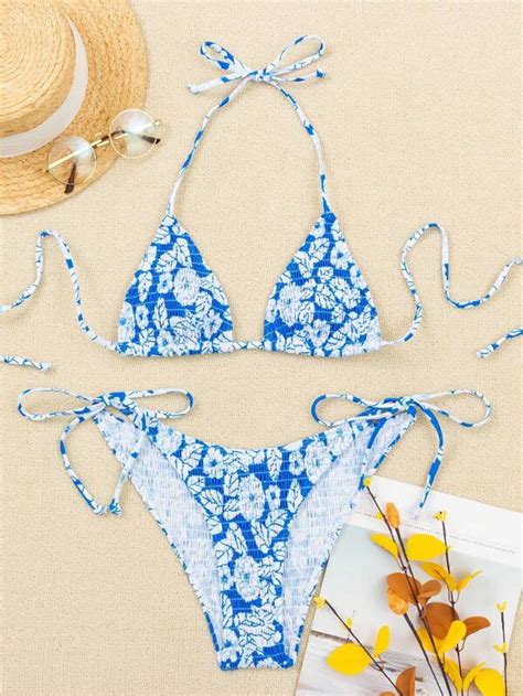 SHEIN Swim Mod Floral Smocked Triangle Tie Side Bikini Swimsuit SHEIN USA