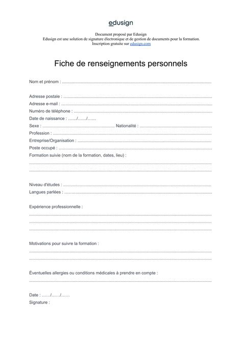 Fiche De Renseignements Personnels Mod Le Gratuit En Format Word Pdf