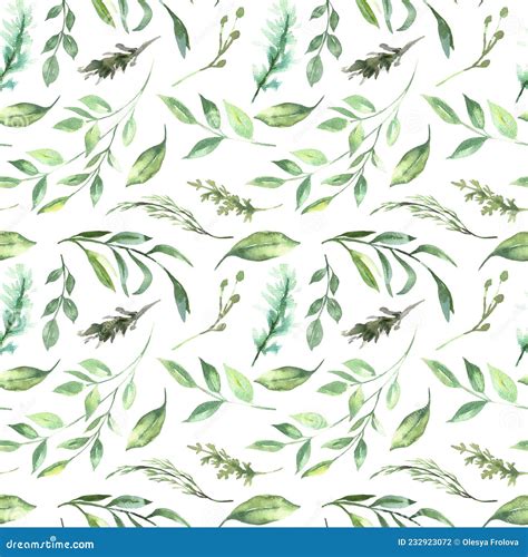 Seamless Pattern With Hand Painted Watercolor Green Leaves On White