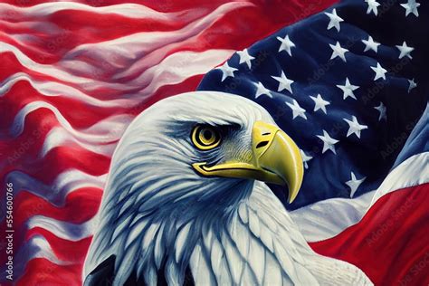 a bald eagle with a flag in the background is depicted in this painting ...