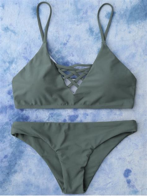 Lace Up Bikini Swimwear Army Green Bikinis M Zaful