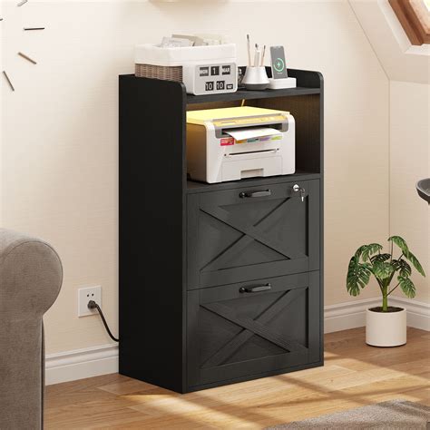 Dextrus File Cabinet With LED Light Charging Station 2 Drawer Wood