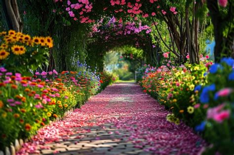 Premium Photo Colorful Pathways Lined With Blooming Flowers In Full Bloom