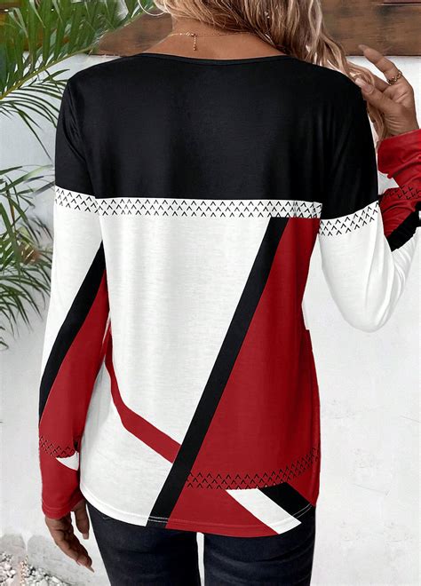 Wine Red Patchwork Geometric Print Long Sleeve T Shirt Modlily