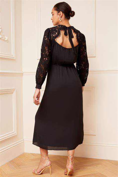 Buy Love And Roses Black Lace Sleeve Round Neck Tie Back Midi Dress From