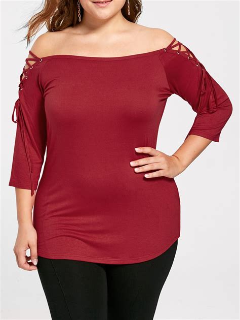 41 Off 2021 Plus Size Lace Up Off The Shoulder Top In Red Dresslily