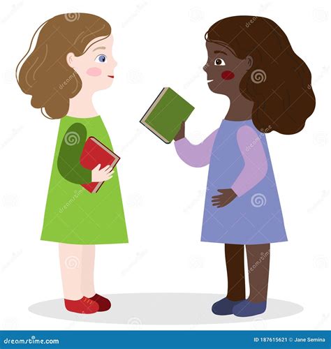 Two Girls are Talking about Books at School. Schoolchildren Communicate ...