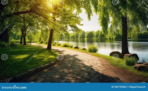 Landscape With A Lake And A Stone Path In The Foreground Stock