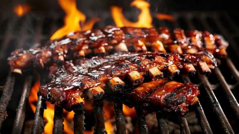 Succulent American Bbq Ribs Sizzling On Grill Over Natural Charcoal