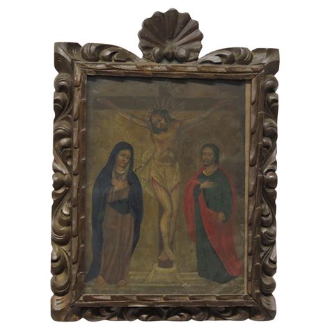 Spanish Colonial Retablo The Crucifixion With The Virgin Mary And