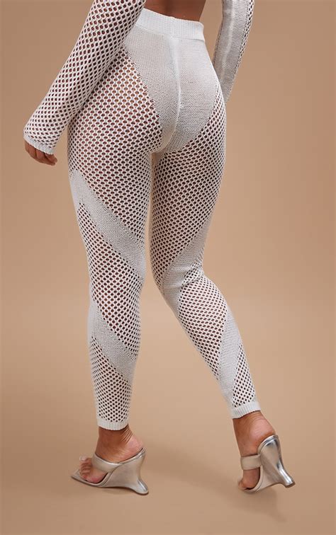 White Crochet Knit Contrast Panel Leggings Knitwear Prettylittlething Usa