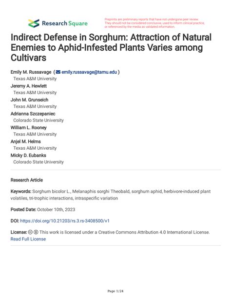 Pdf Indirect Defense In Sorghum Attraction Of Natural Enemies To