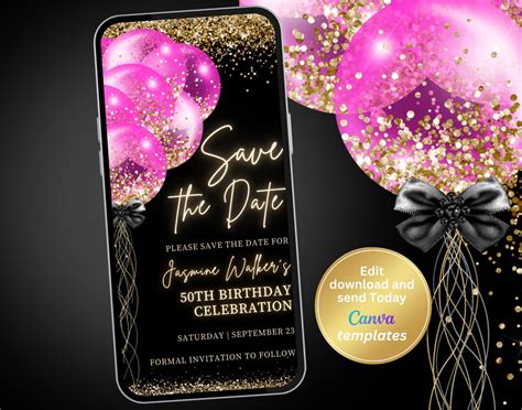 Digital Black Hot Pink Save The Date Invitation Hot Pink Gold Glitter