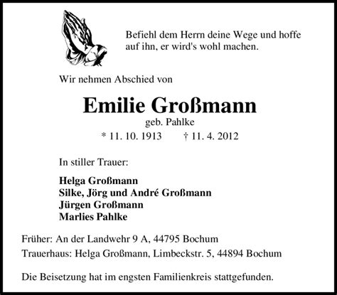 Traueranzeigen von Emilie Großmann Trauer in NRW de