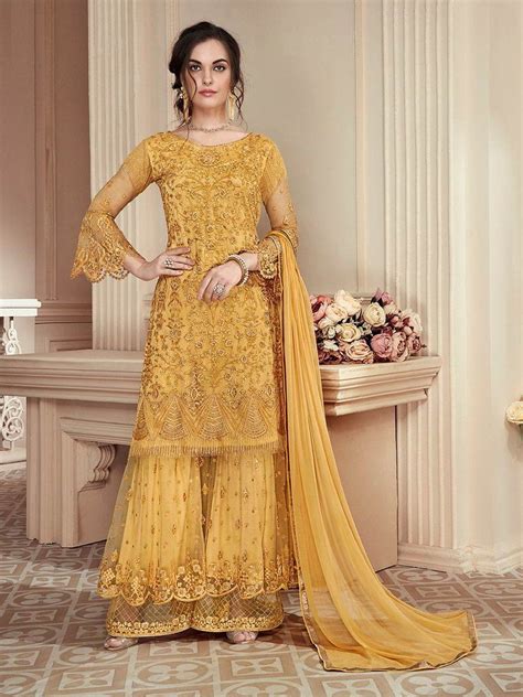 Bright Yellow Heavily Embroidered Festive Palazzo Suit Very Delicate