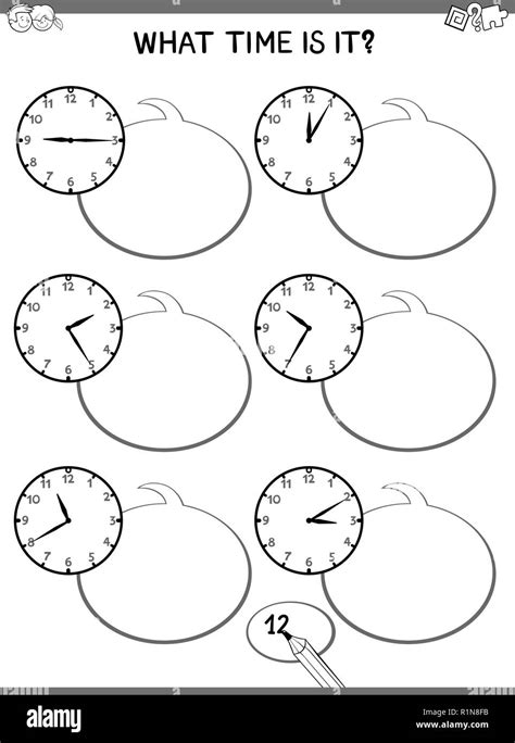 Black And White Cartoon Illustrations Of Telling Time Educational Task