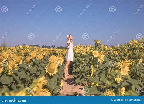 Beauty Sunlit Woman On Yellow Sunflower Field Freedom And Happiness