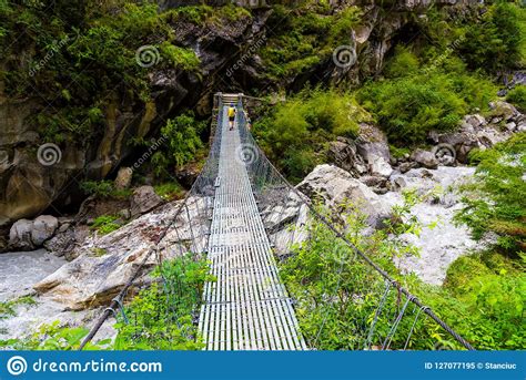 Woman Backpacker On Trekking Path Crossing A Suspended Bridge In