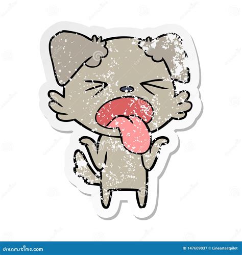 Distressed Sticker of a Cartoon Disgusted Dog Shrugging Shoulders Stock