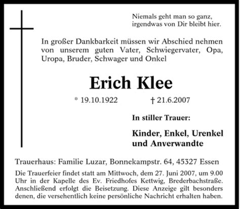 Traueranzeigen Von Erich Klee Trauer In NRW De