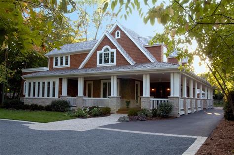 Nantucket Stone And Natural Stain Shingle Style House With Covered