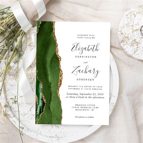 Budget Hunter Green Gold Agate Wedding Invitation Zazzle