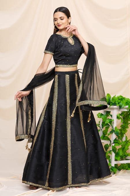 Buy Black Dupion Silk Embroidered Aari Round Lehenga Set For Women By