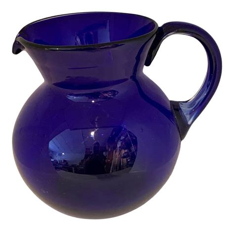 Large 1980s Hand Blown Cobalt Pitcher