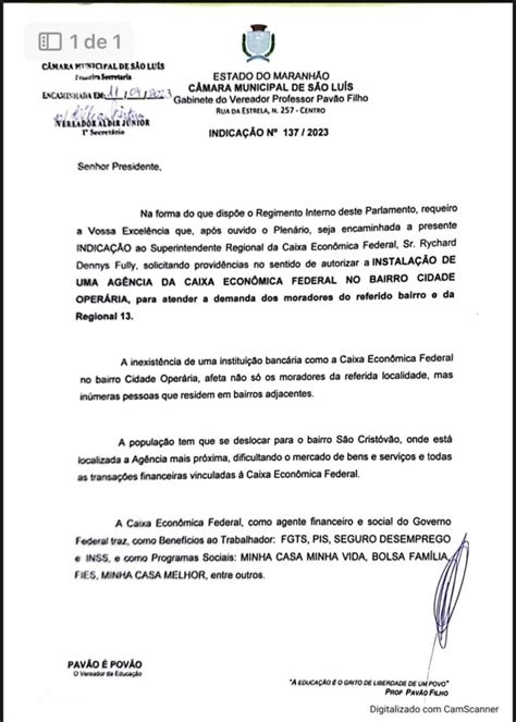 VEREADOR PAVÃO FILHO SOLICITA AGÊNCIA DA CAIXA ECONÔMICA FEDERAL PARA A