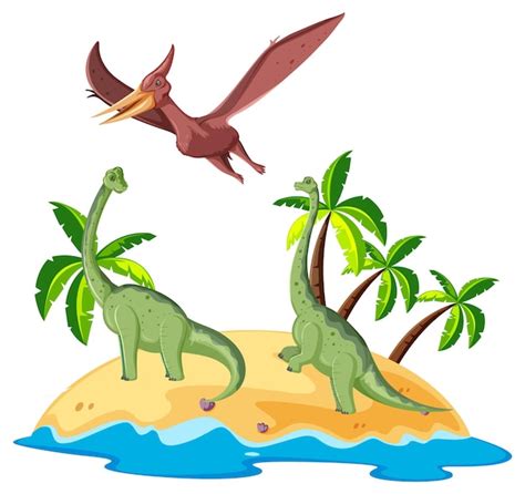 Free Vector Scene With Dinosaurs Brachiosaurus And Pteranodon On Island