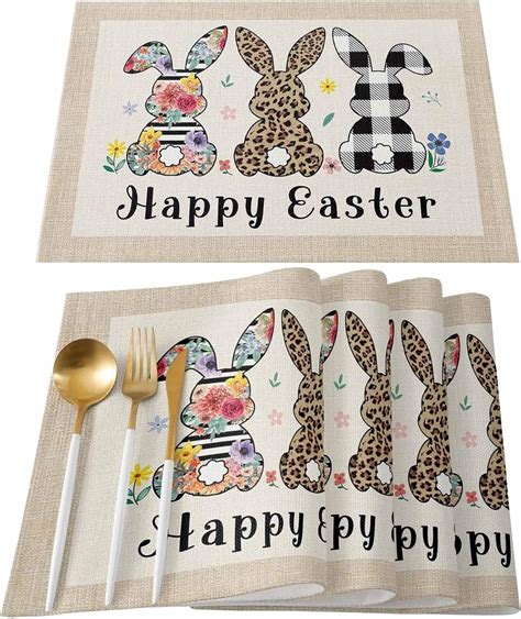 Rdsfhsp Happy Easter Placemats Set Of 4 Plaid Bunny Happy Easter Heat