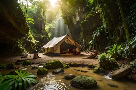 Una Carpa En Un Bosque Con Una Cascada Al Fondo Foto Premium