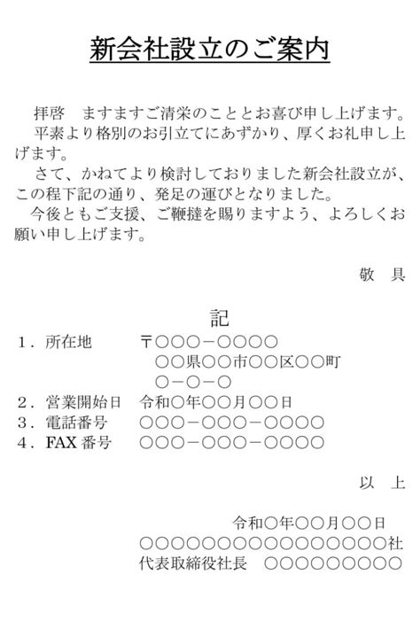 案内状（新会社設立：ハガキ）02のテンプレート・例文：ワード（word） テンプレート・フリーbiz