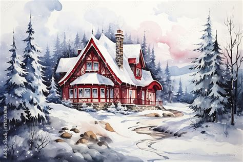 Beautiful winter house and Christmas tree on the mountain, A painting of a cabin in the snow ...