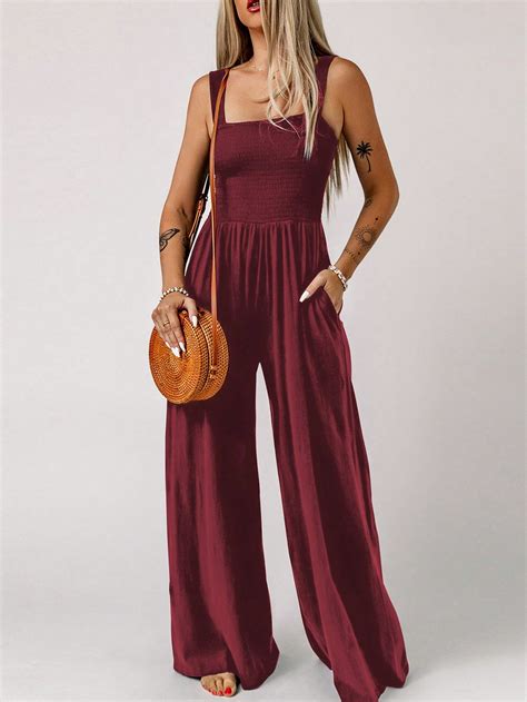 Acelitt Solid Slant Pocket Wide Leg Jumpsuit SHEIN USA