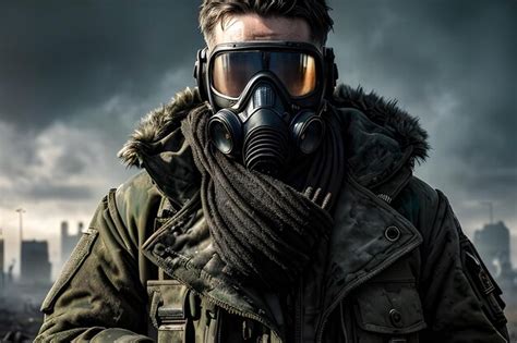 Premium Photo A Man Wearing A Gas Mask And A Jacket With The Word Gas