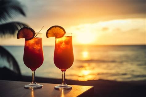 Premium Ai Image Two Cocktails On A Table With A Sunset In The Background