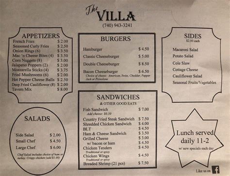 Menu at Villa pub & bar, Richwood